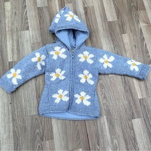 Wool zip up hooded jacket with fleece lining daisy flowers oversized hood tassel
